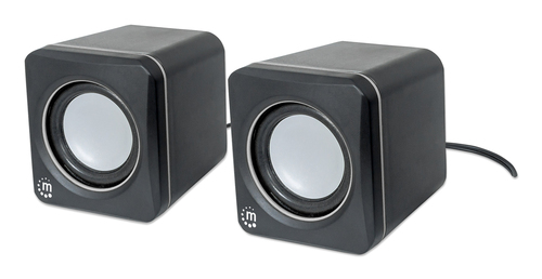 Manhattan 2600 Series Speaker System, Small Size, Big Sound, Two Speakers, Stereo, USB power, Output: 2x 3W, 3.5mm plug for sound, In-Line volume control, Cable 0.9m, Black/Grey, Three Year Warranty
